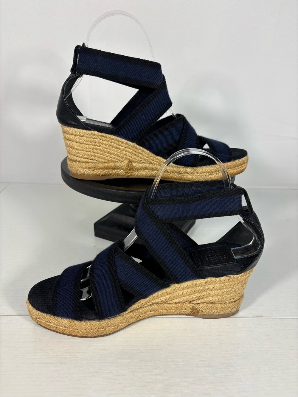 Tory Burch Navy Elastic Espadrille Wedge Sandals Size 7